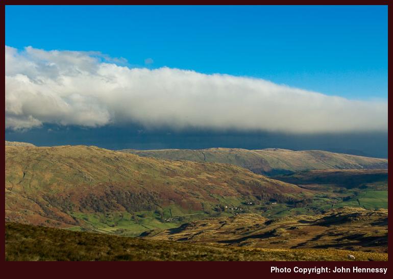 View of Kentmere from Yoke with incoming shower, Cumbria, England