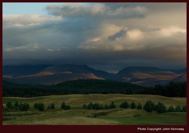 Looking over Spey Valley Golf Course towards the Cairngorms, Aviemore, Speyside, Scotland