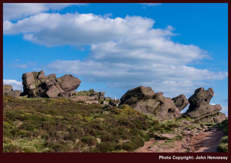 Trig point and weathered rocky outcrops, The Roaches, Upper Hulme, Staffordshire, England